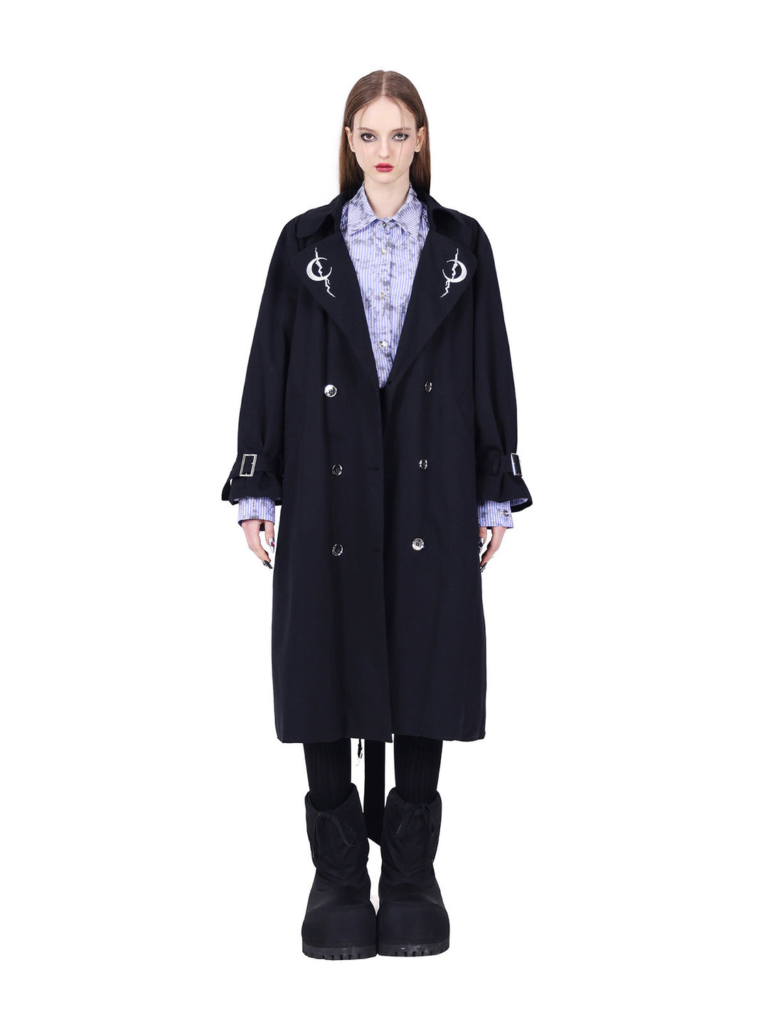 PINKSPINK ELECTRIC MOON reversible patchwork trench coat in black — neutral buttoned-front counterpart to gallery image three