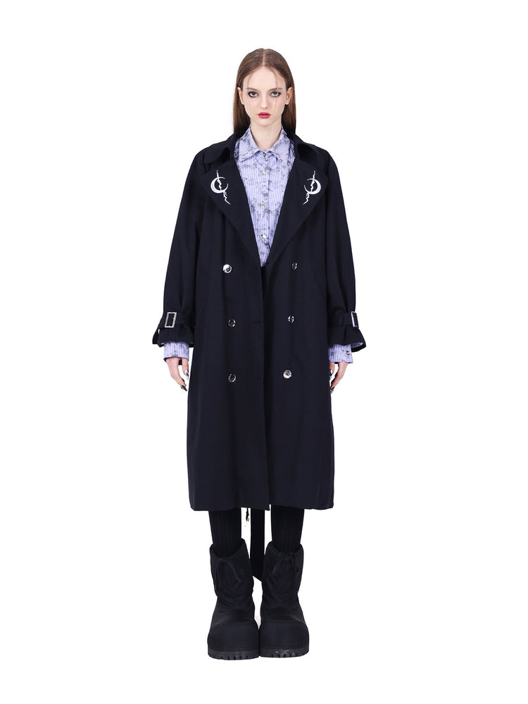 PINKSPINK ELECTRIC MOON reversible patchwork trench coat in black — neutral buttoned-front counterpart to gallery image three