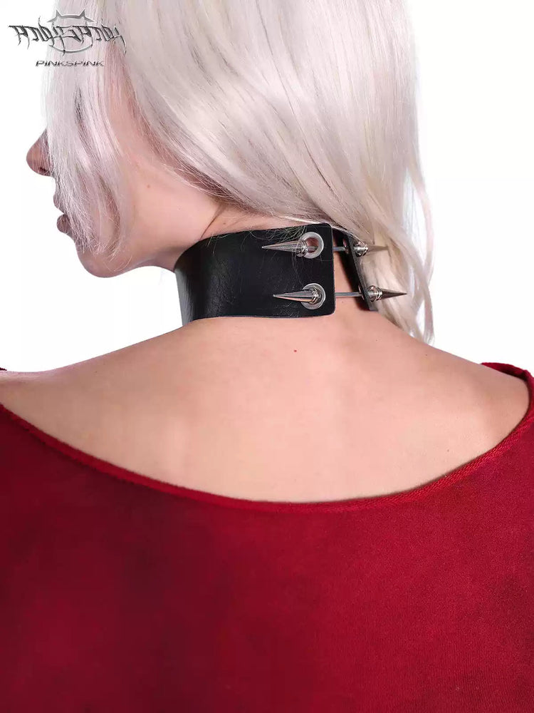 PINKSPINK ELECTRIC MOON punk leather choker — modeled front styling view