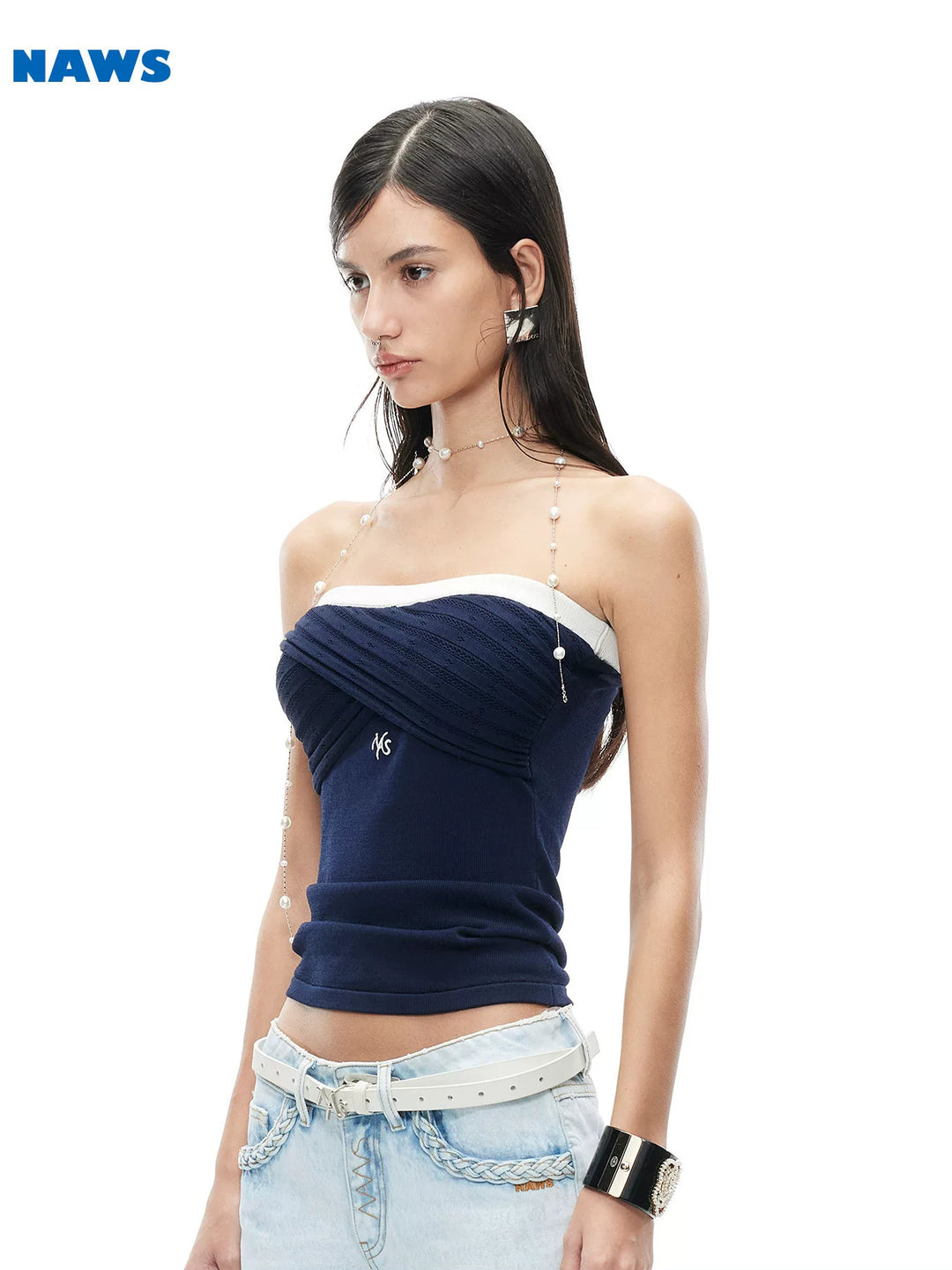 NAWS LACE gathered knit bandeau top — cleaned hero collage showing the complete design