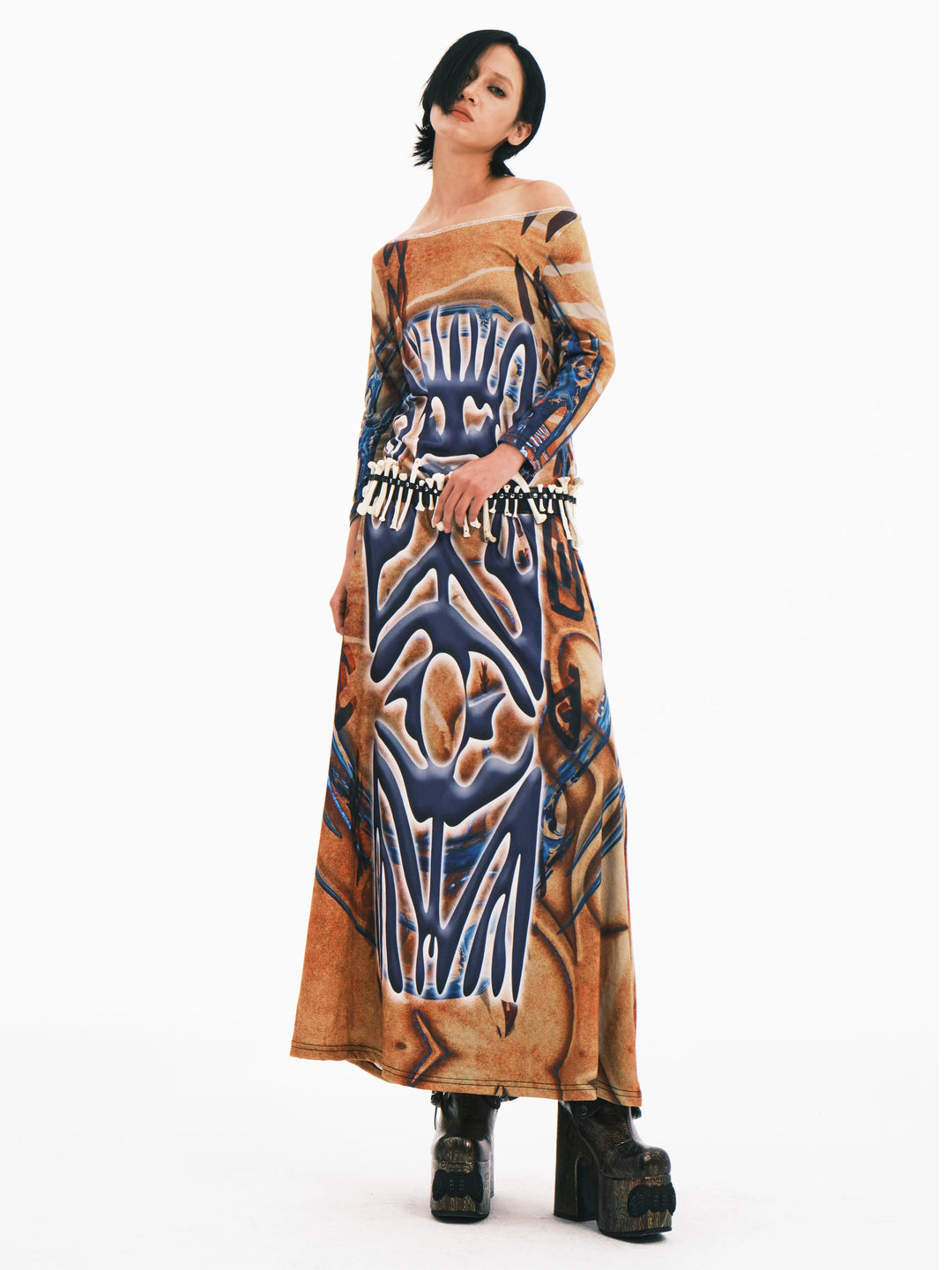 EMBRYO TRIBAL ENTITY off-shoulder maxi dress — front modeled view
