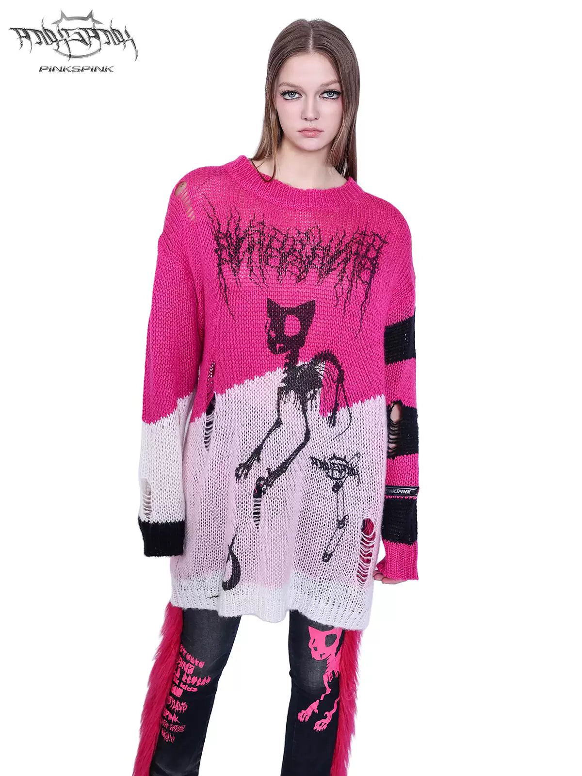 PINKSPINK SPHYNX distressed striped graphic sweater — pink graphic sweater — close front modeled view