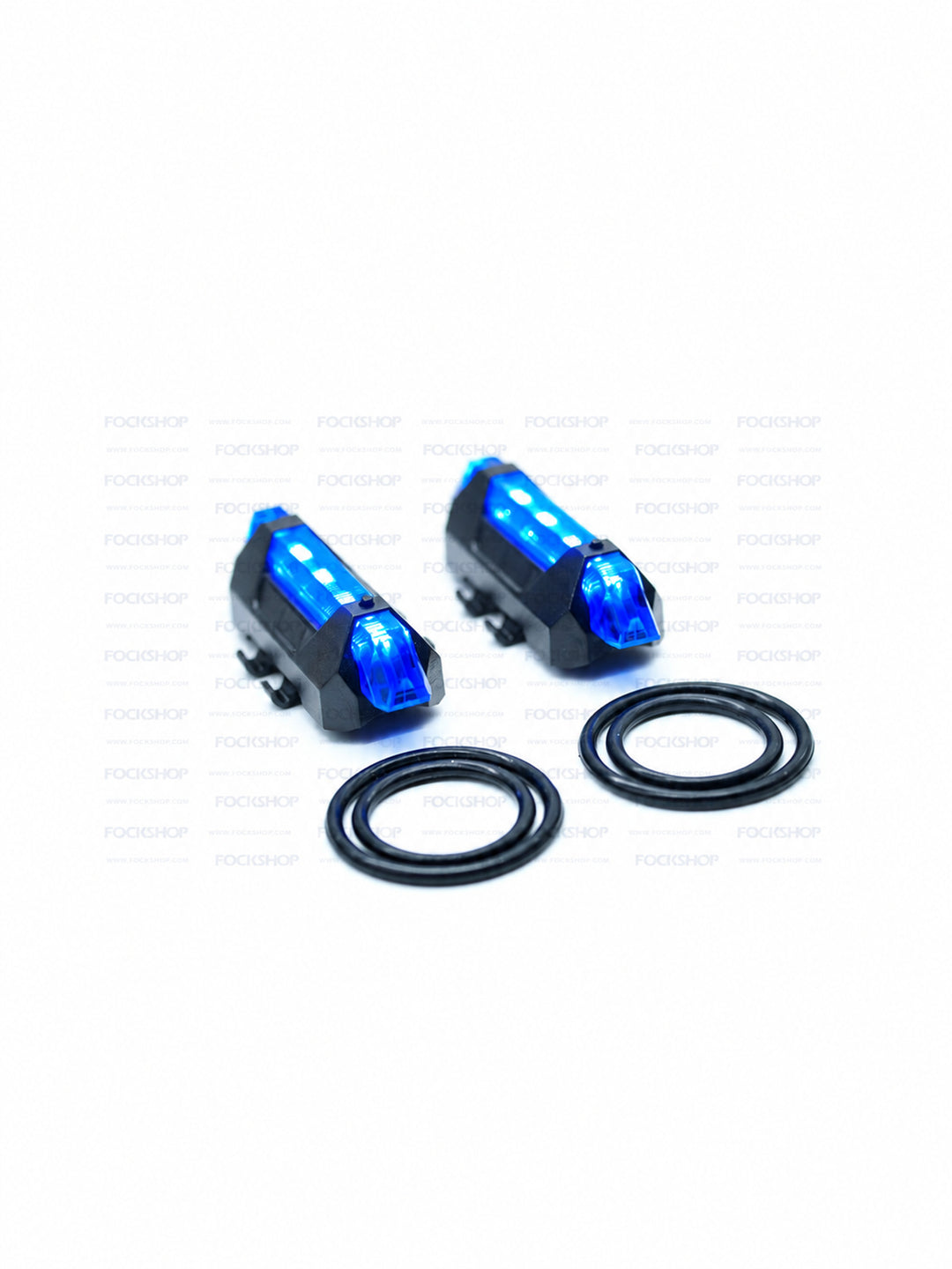 FOCKSHOP TRAIN L rechargeable costume light pair — blue light pair with rubber mounting rings on white
