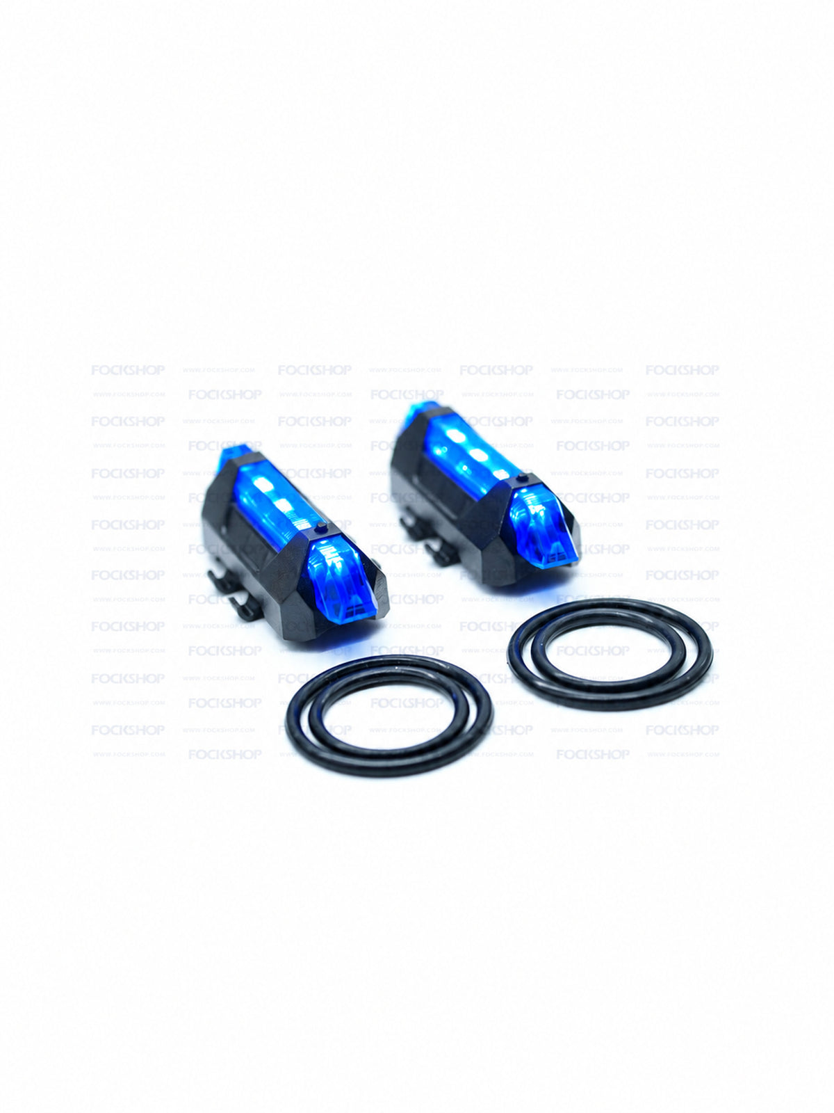FOCKSHOP TRAIN L rechargeable costume light pair — blue light pair with rubber mounting rings on white
