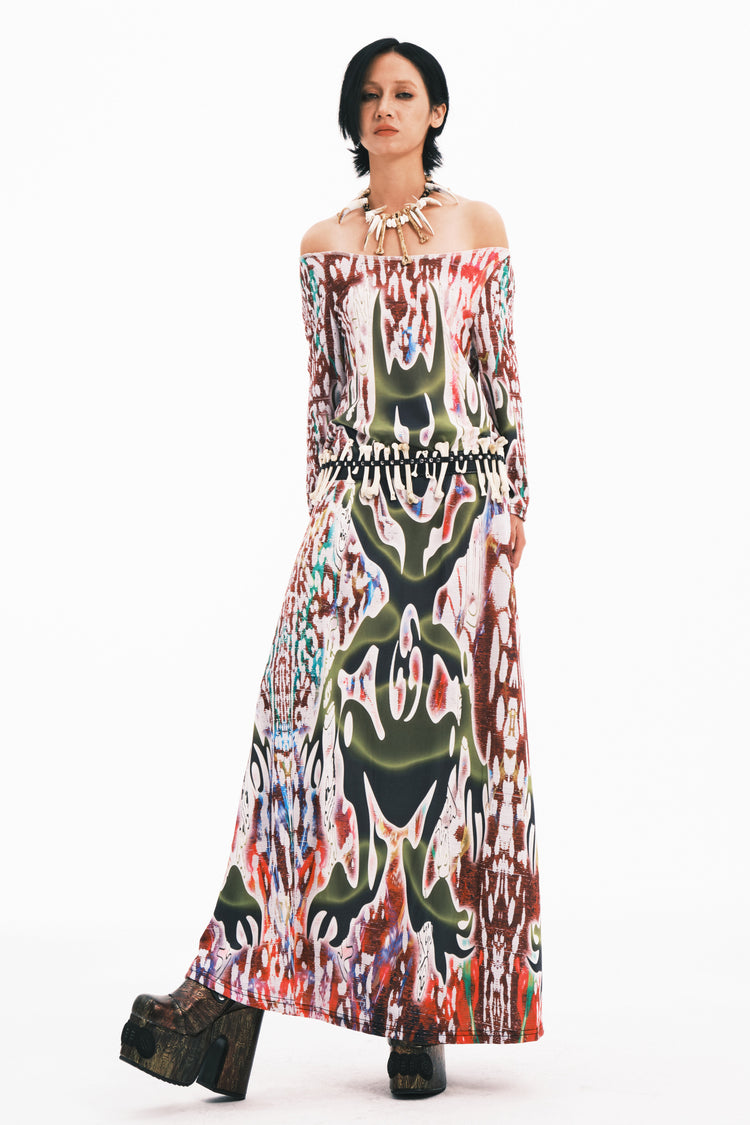EMBRYO TRIBAL ENTITY white off-shoulder maxi dress — additional product detail view
