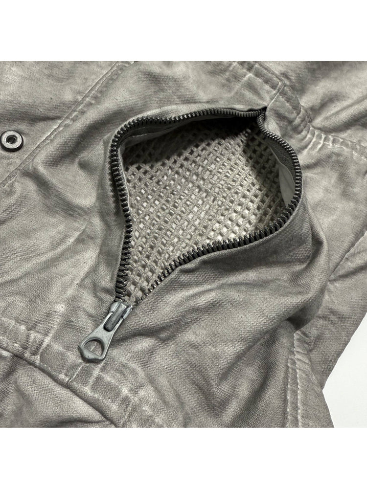 PIONEER meteor gray knee-mesh utility work pants — opened knee zipper revealing the mesh panel
