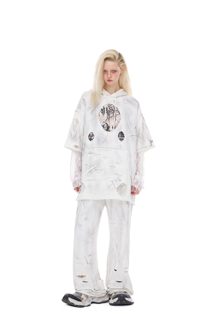 PINKSPINK ELECTRIC MOON coated distressed flare sweatpants — cleaned hero collage showing the complete design