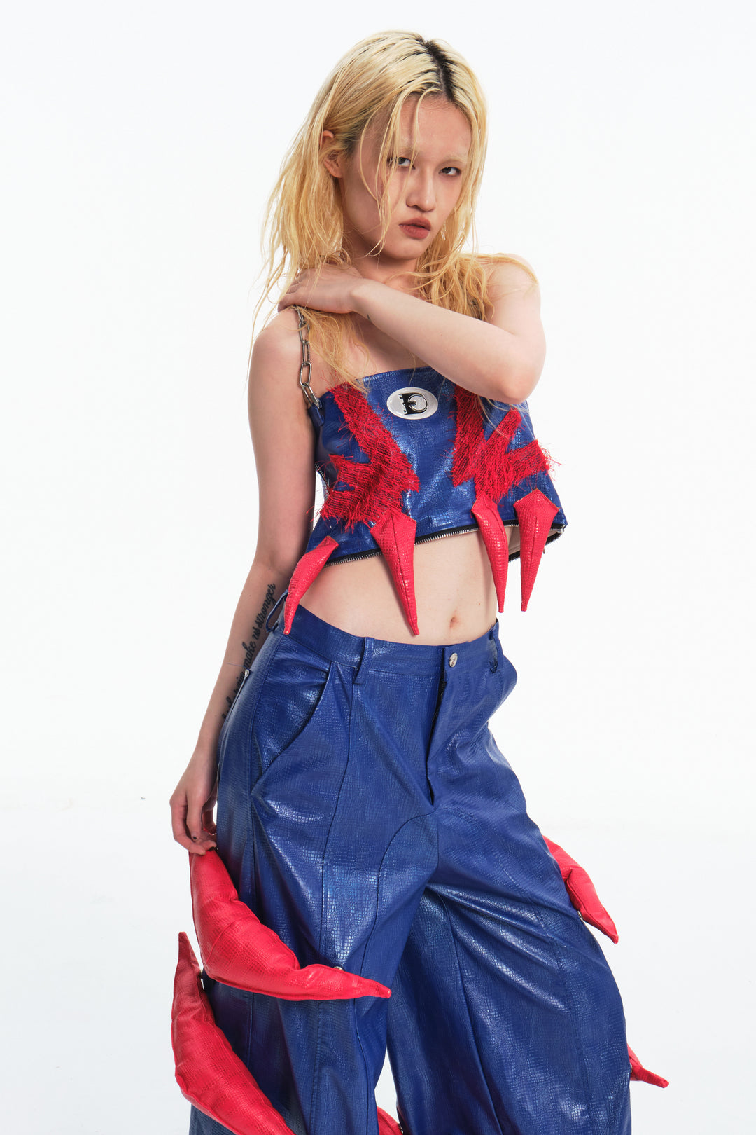 EMBRYO RED CLAW padded PU tube top — material and hardware detail