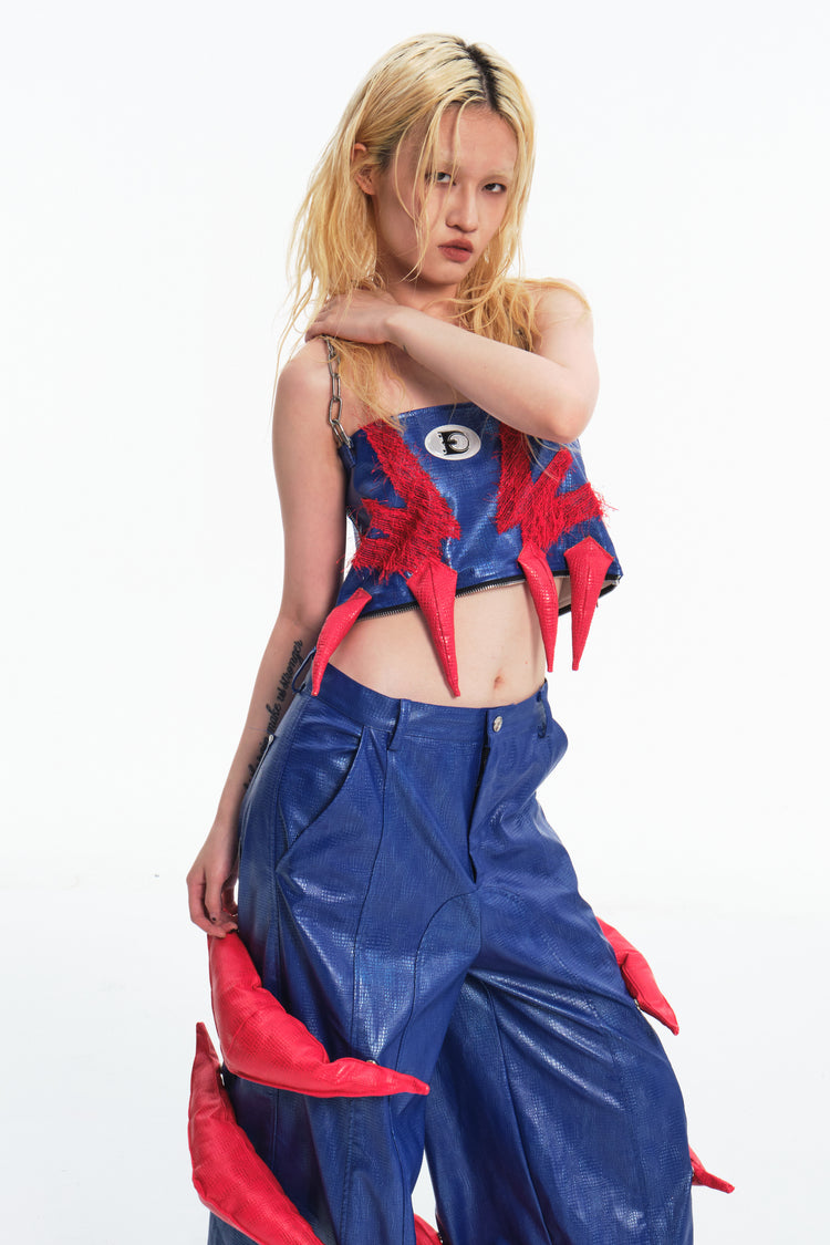 EMBRYO RED CLAW padded PU tube top — material and hardware detail
