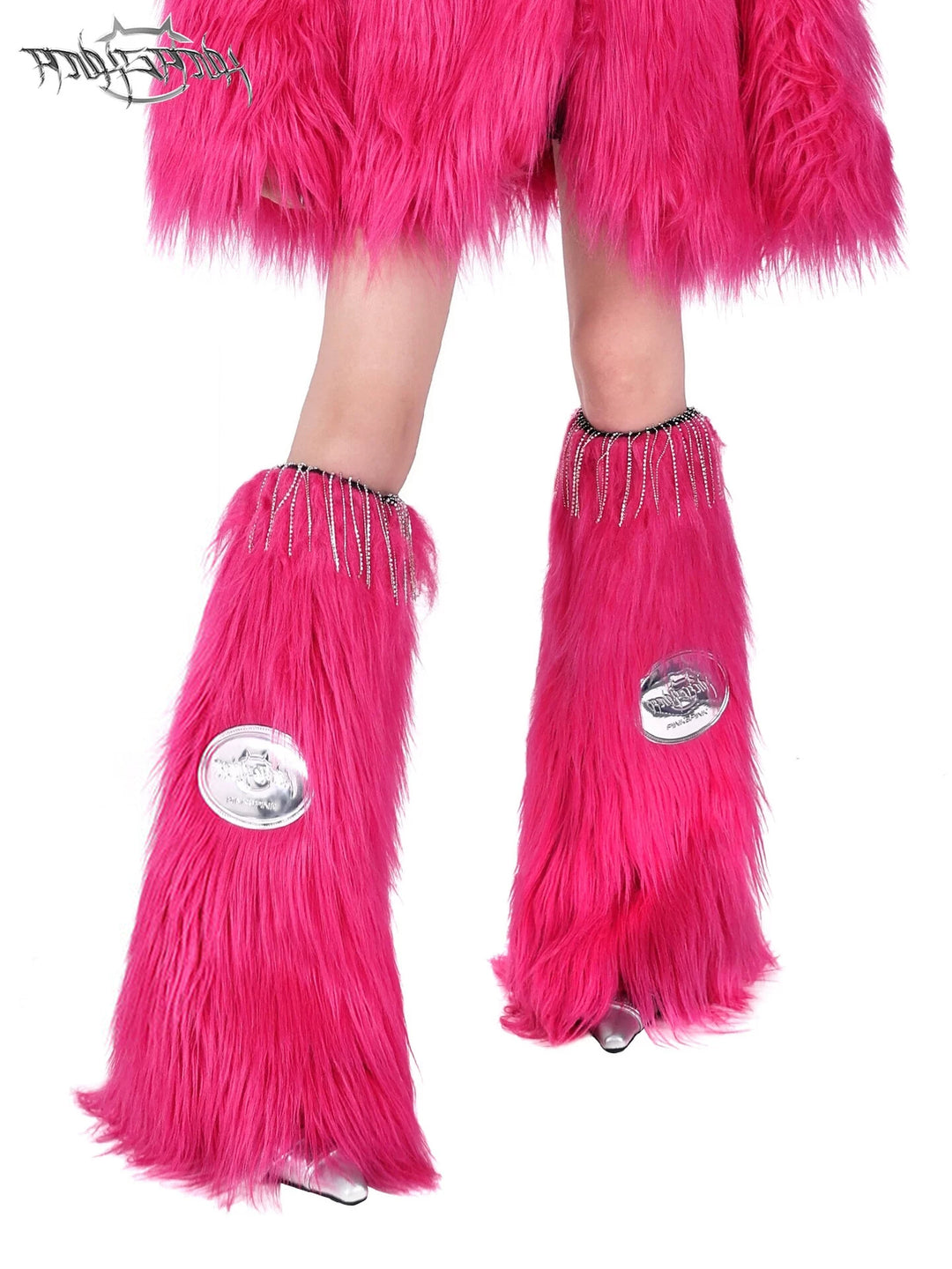 PINKSPINK BARBIE PINK rhinestone faux-fur leg warmers — cleaned hero collage showing the complete design