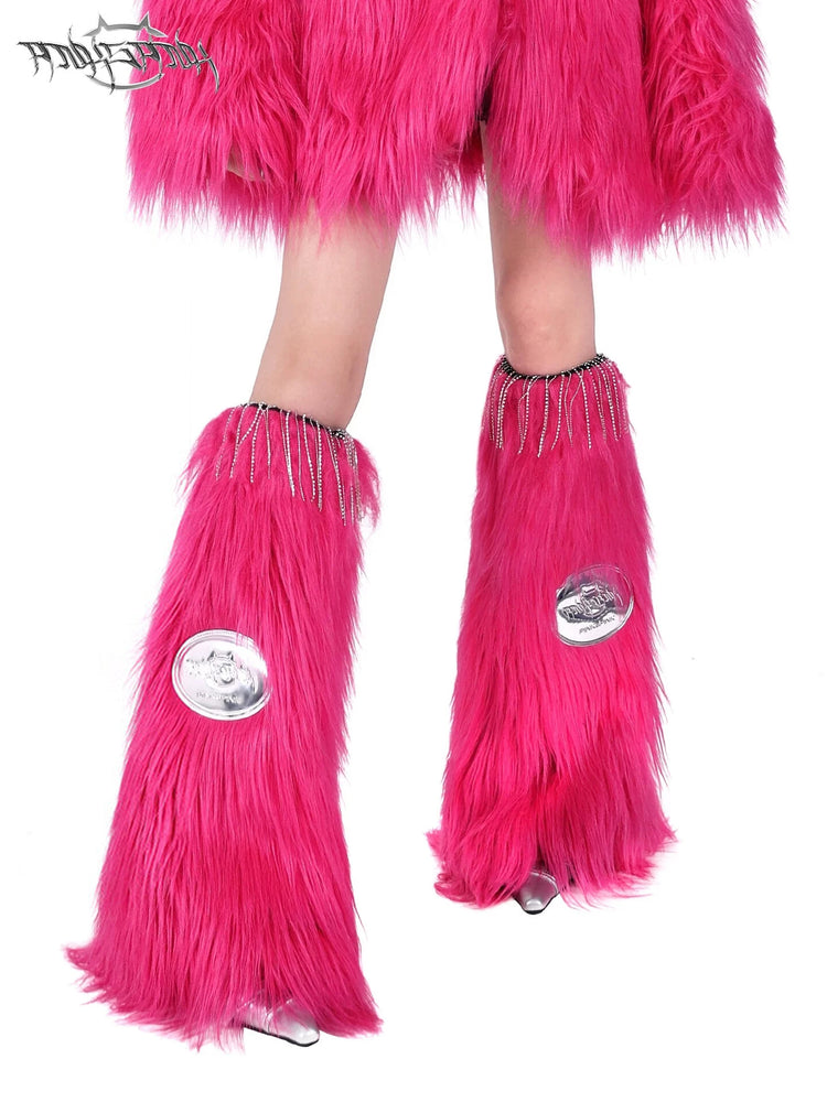 PINKSPINK BARBIE PINK rhinestone faux-fur leg warmers — cleaned hero collage showing the complete design