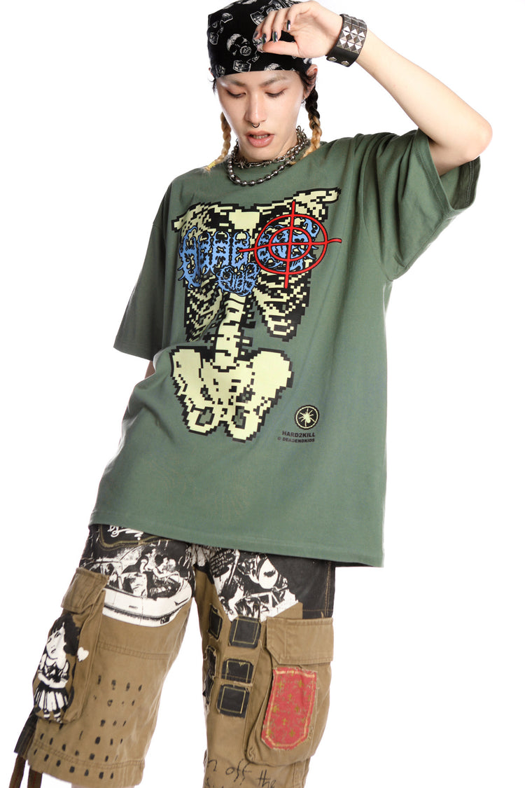 DEADENDKIDS SKELETON RIOT oversized graphic tee — close modeled view