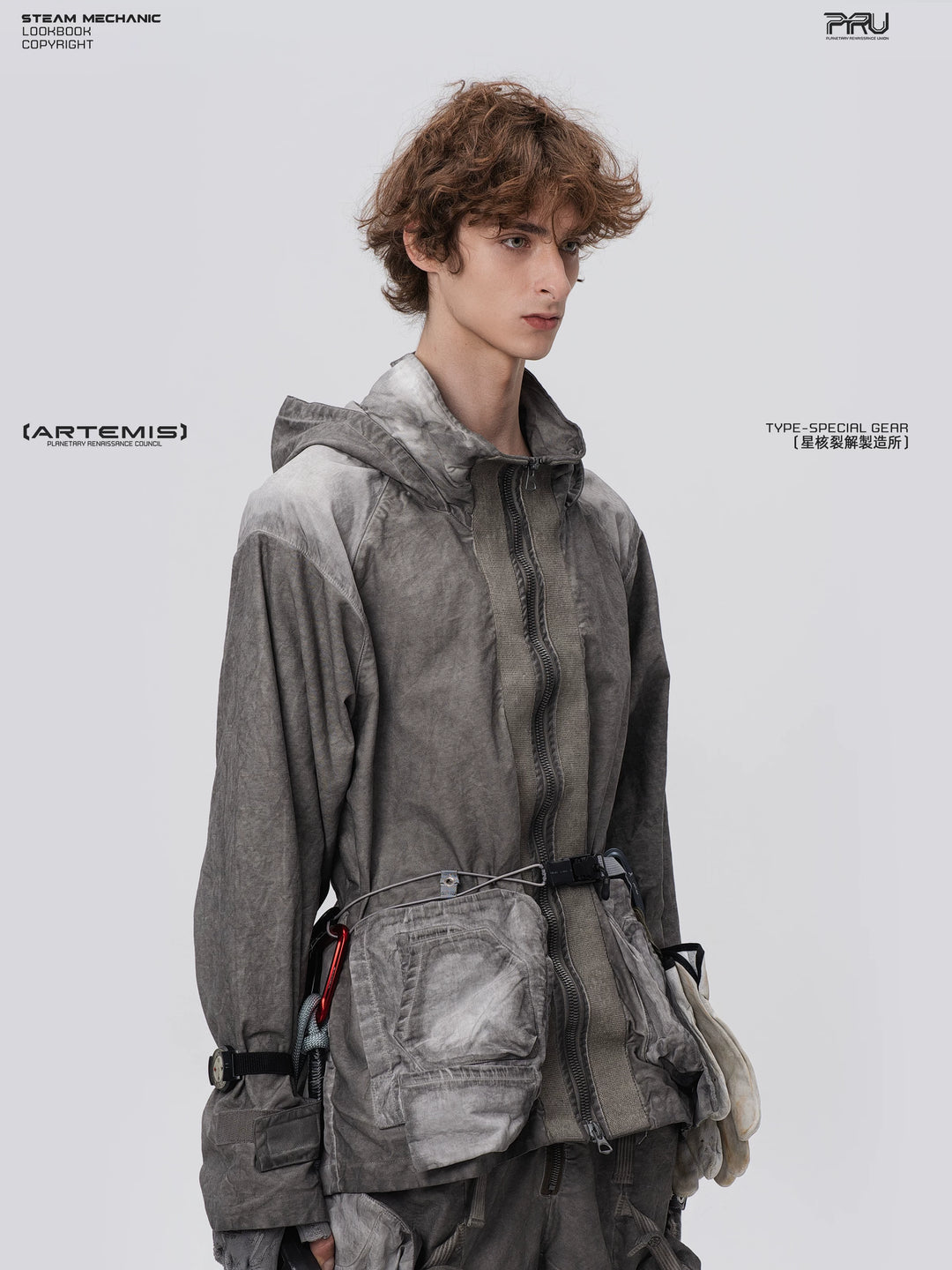 STARCORE meteor gray distressed work jacket — alternate modeled angle