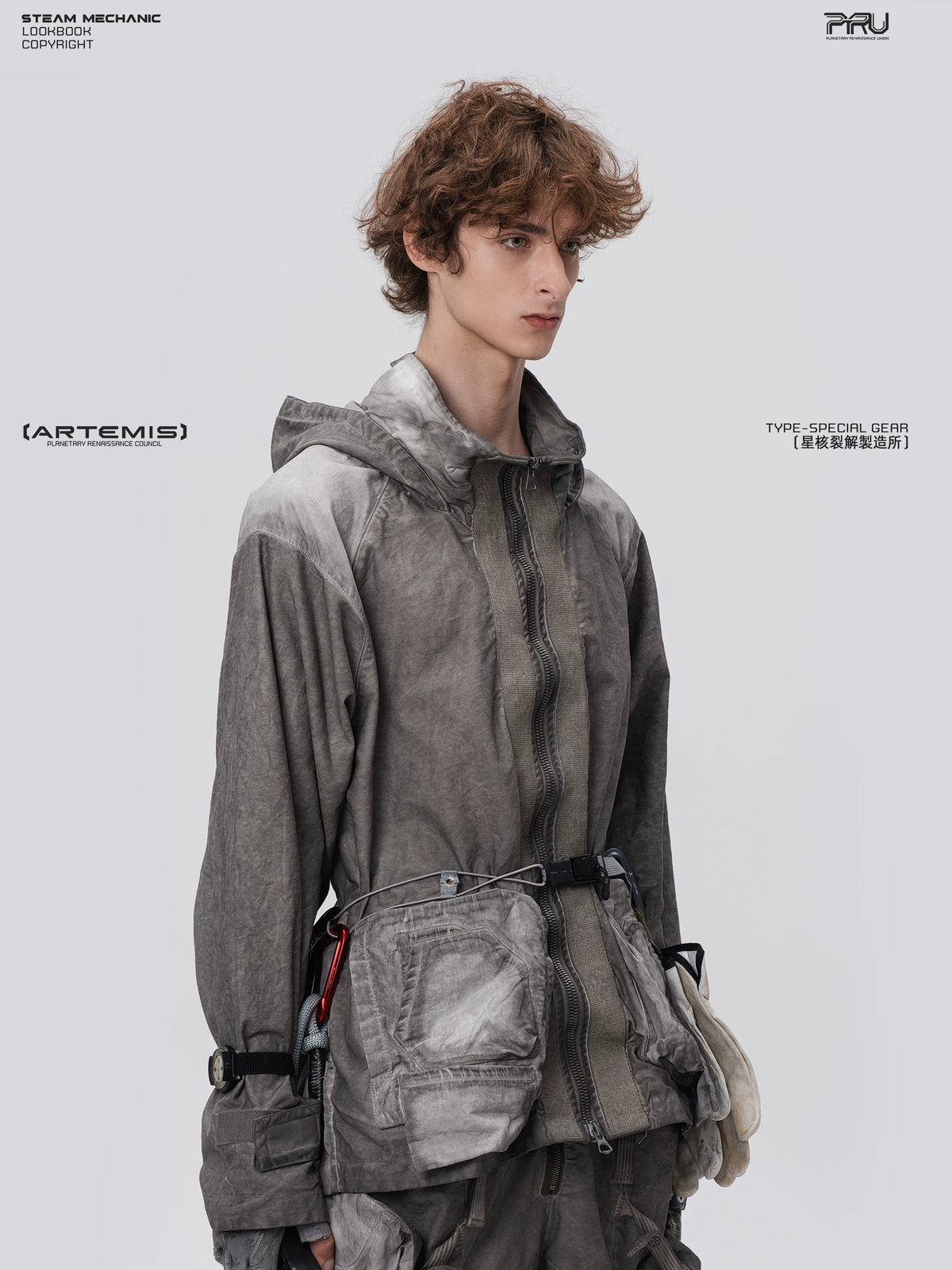 STARCORE meteor gray distressed work jacket — alternate modeled angle
