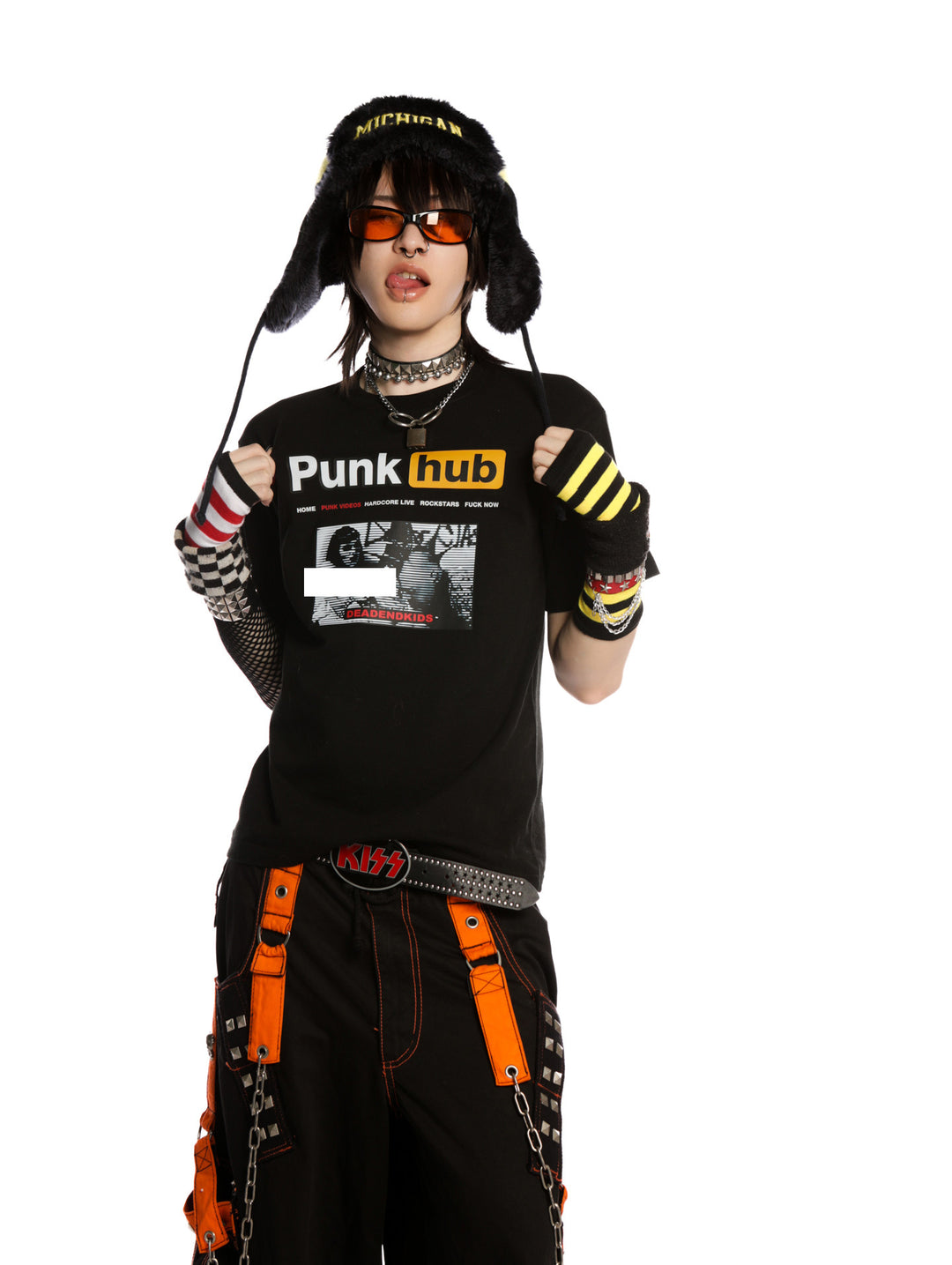 DeadEndKids PunkHub black graphic T-shirt — modeled collar-detail pose
