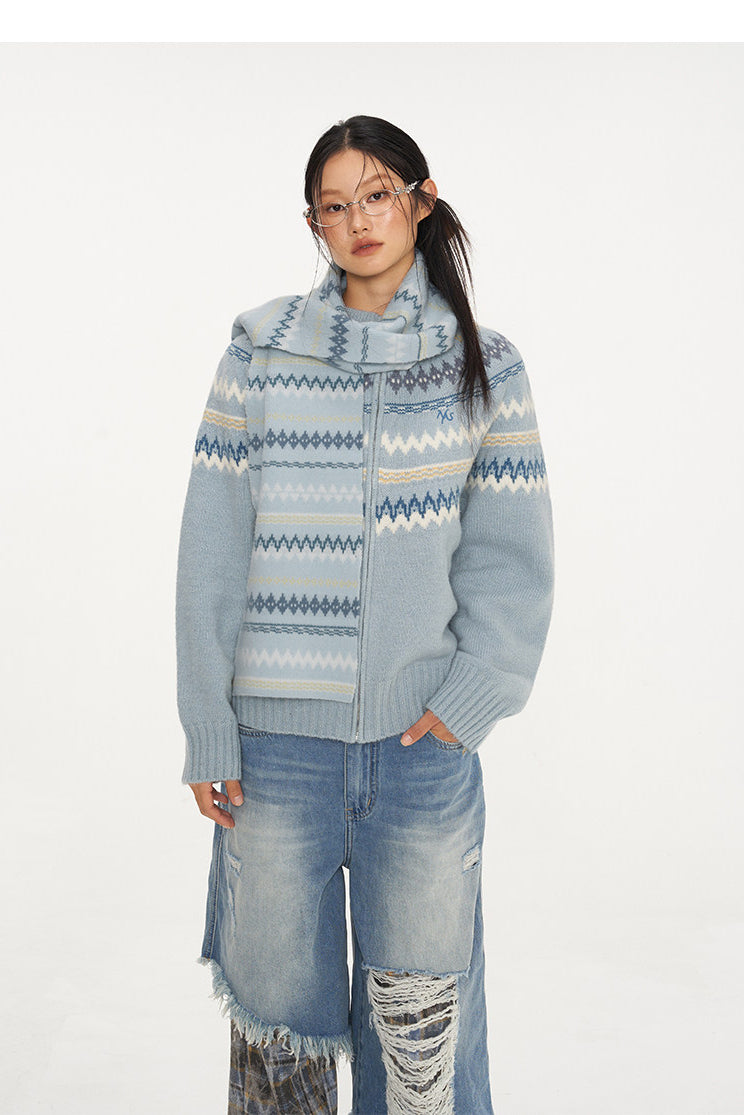 NAWS FAIR ISLE wool-alpaca cardigan — modeled detail view of the garment construction