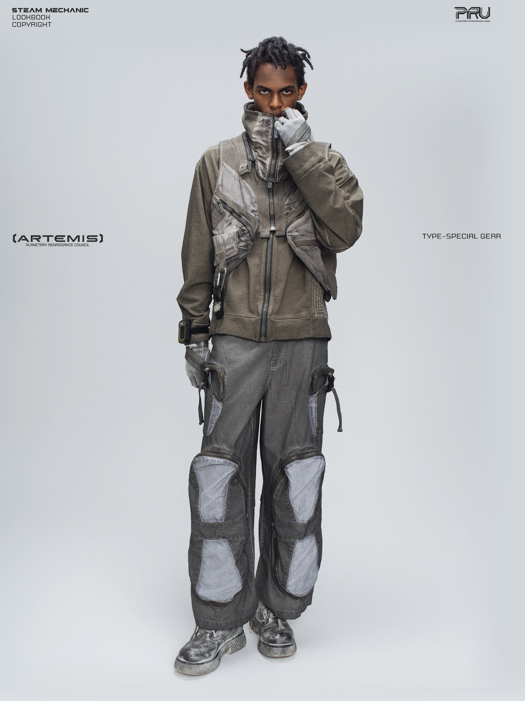 PIONEER moon dust gray welded multi-pocket work pants — full-length styled view