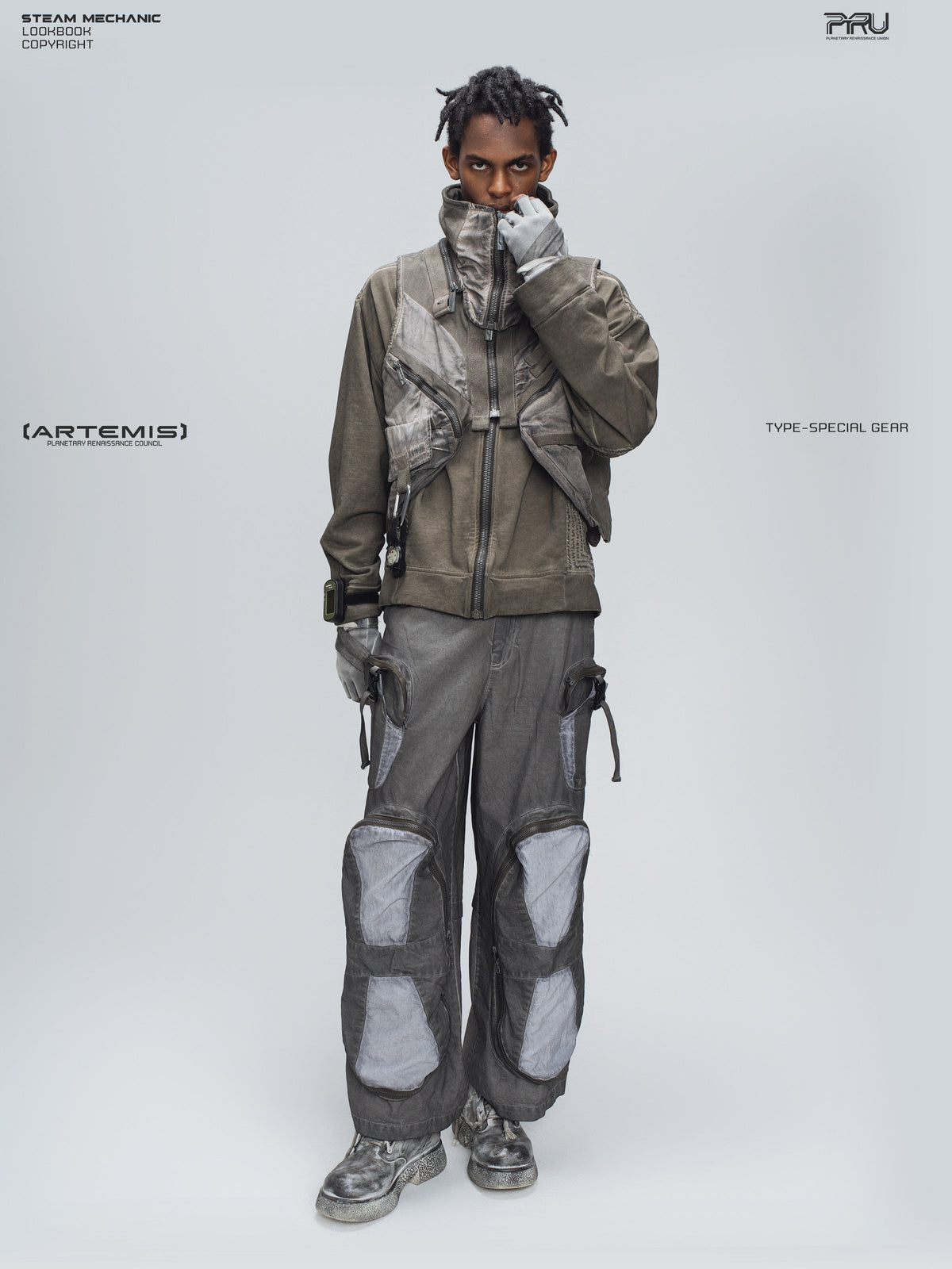 PIONEER moon dust gray welded multi-pocket work pants — full-length styled view