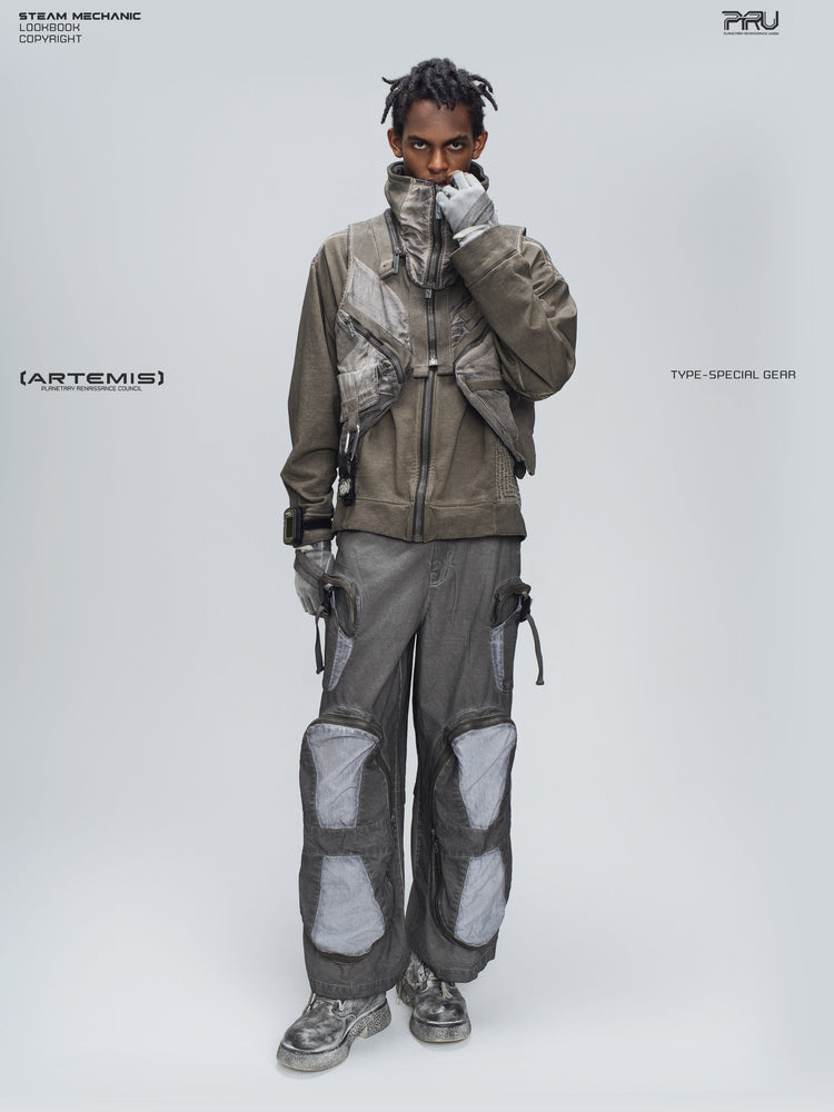 PIONEER moon dust gray welded multi-pocket work pants — full-length styled view