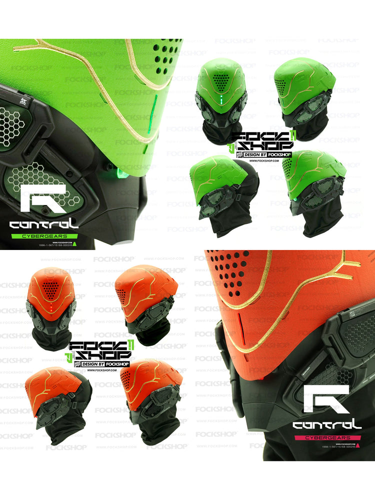 FOCKSHOP PROPHECY anniversary cyber mask — original front, back and side product views of the green and orange masks