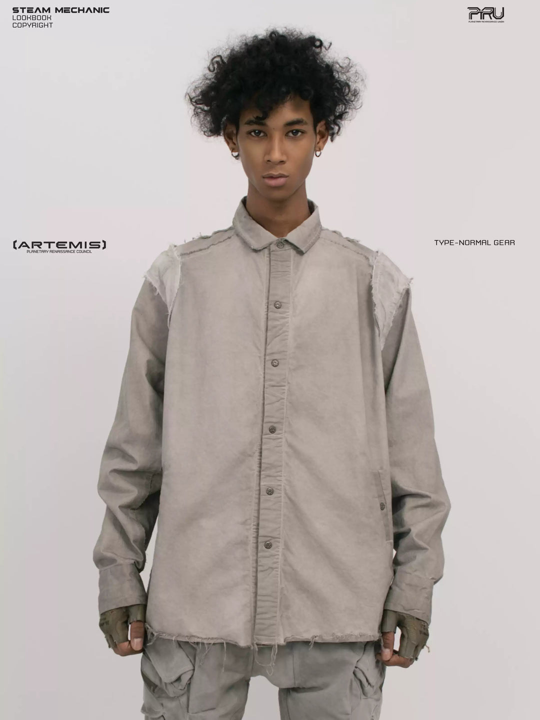 CHAOS ERA nightfall gray raw-edge technical shirt — front three-quarter modeled view with arms lowered