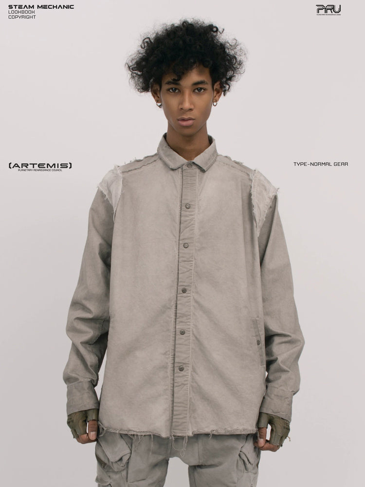 CHAOS ERA nightfall gray raw-edge technical shirt — front three-quarter modeled view with arms lowered