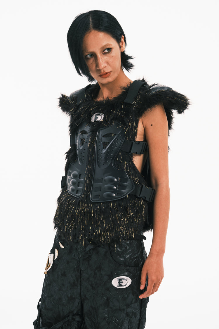 EMBRYO GOLD MECHA long-pile armored vest — material and hardware detail