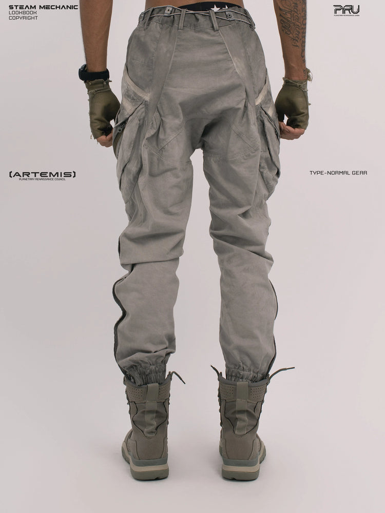 AEGIS lunar sea gray multi-pocket moto pants — rear modeled view showing calf zippers