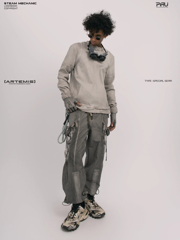 CHAOS ERA eris white raw-edge long-sleeve top — full-length front view looking down