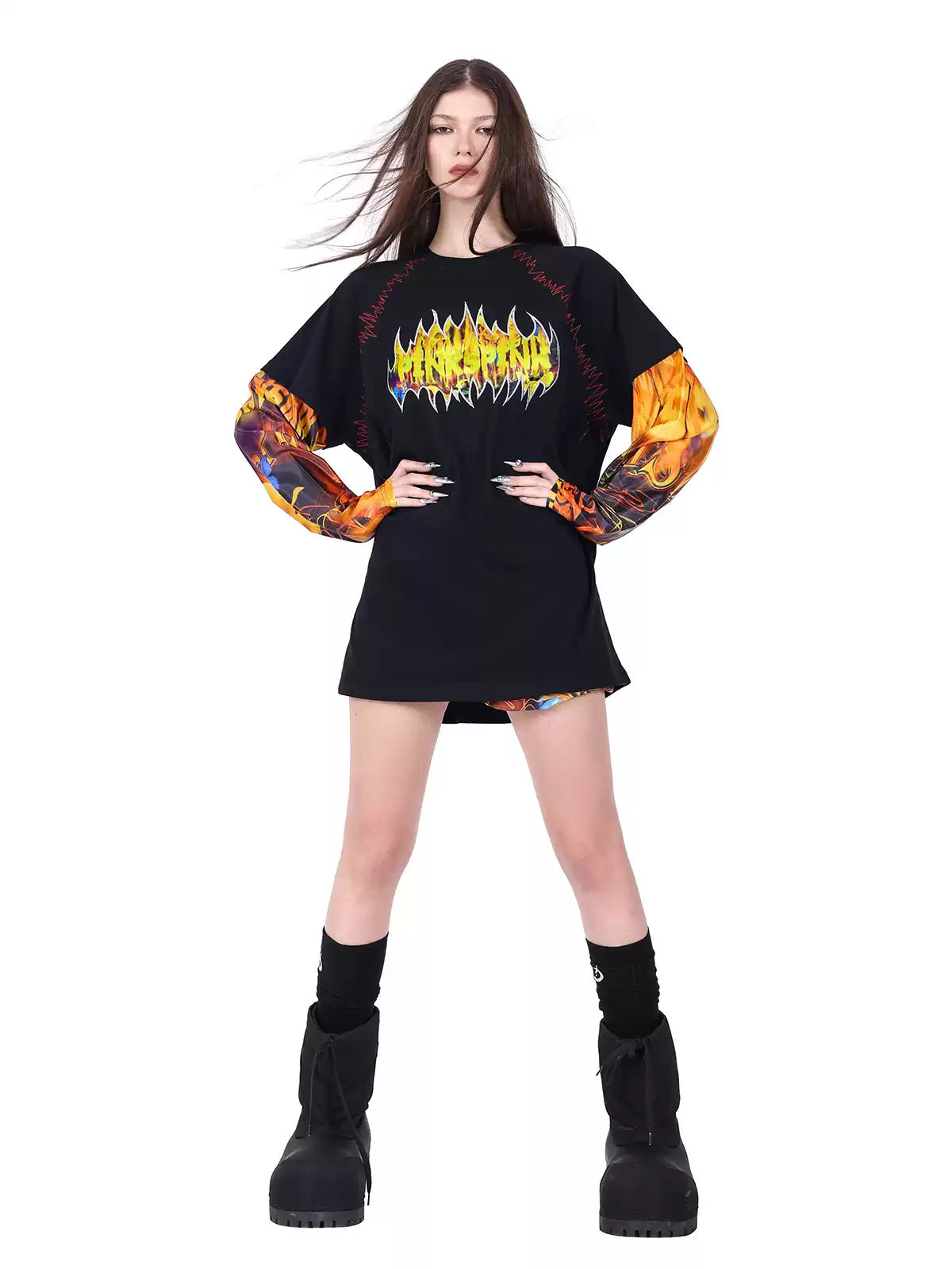 PINKSPINK FIRE CAT layered-sleeve graphic tee — alternate modeled view showing the silhouette