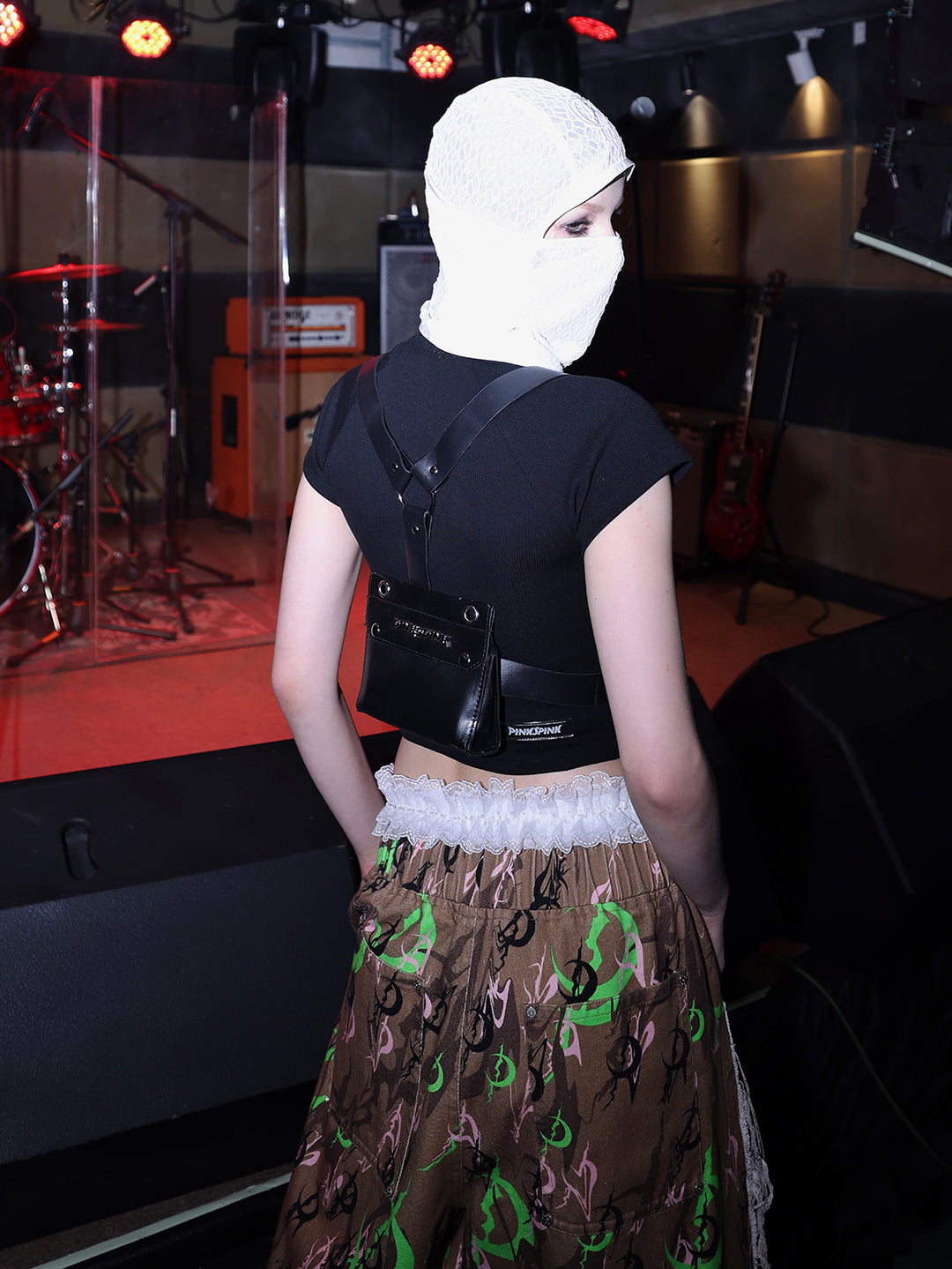 PINKSPINK ELECTRIC MOON distressed camo cropped trousers in CAMOUFLAGE — close rear showing waistband and rear pocket.