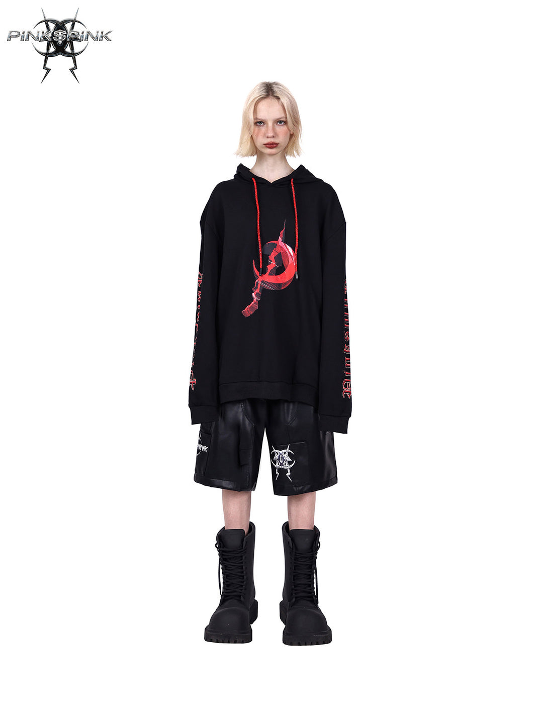 PINKSPINK MIRROR rhinestone-drawcord oversized hoodie — front full-length modeled view in black