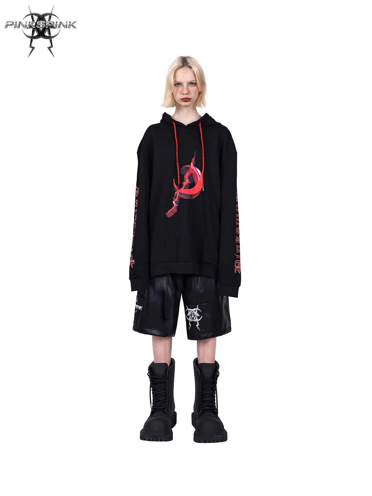 PINKSPINK MIRROR rhinestone-drawcord oversized hoodie — front full-length modeled view in black