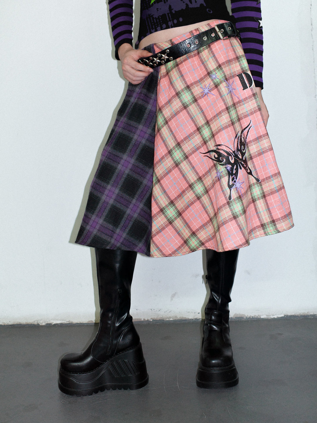 DeadEndKids BadGals Club double-sided plaid A-line skirt — pink-purple front gallery view