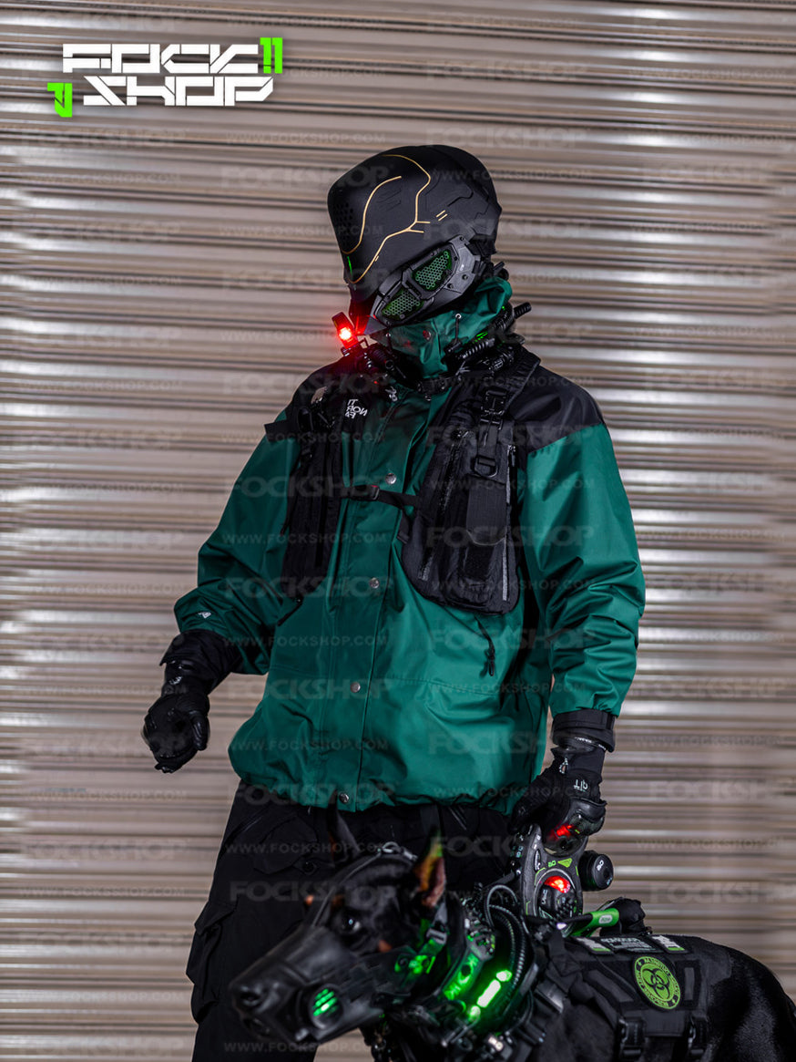 FOCKSHOP PROPHECY illuminated cyber mask — standing modeled view with green panels and gold-line detailing