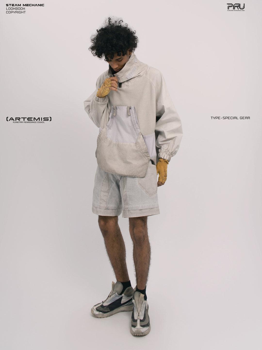 PIONEER eris white detachable-pocket utility hoodie in eris white — angled modeled view styled with matching shorts