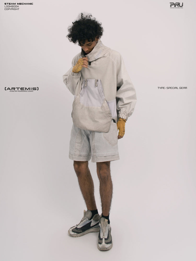PIONEER eris white detachable-pocket utility hoodie in eris white — angled modeled view styled with matching shorts