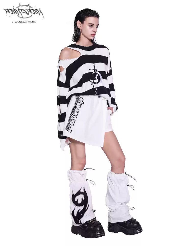 PINKSPINK 24/AW mini skirt and leg warmers in WHITE — full-body front view highlighting the asymmetric styling above the set.