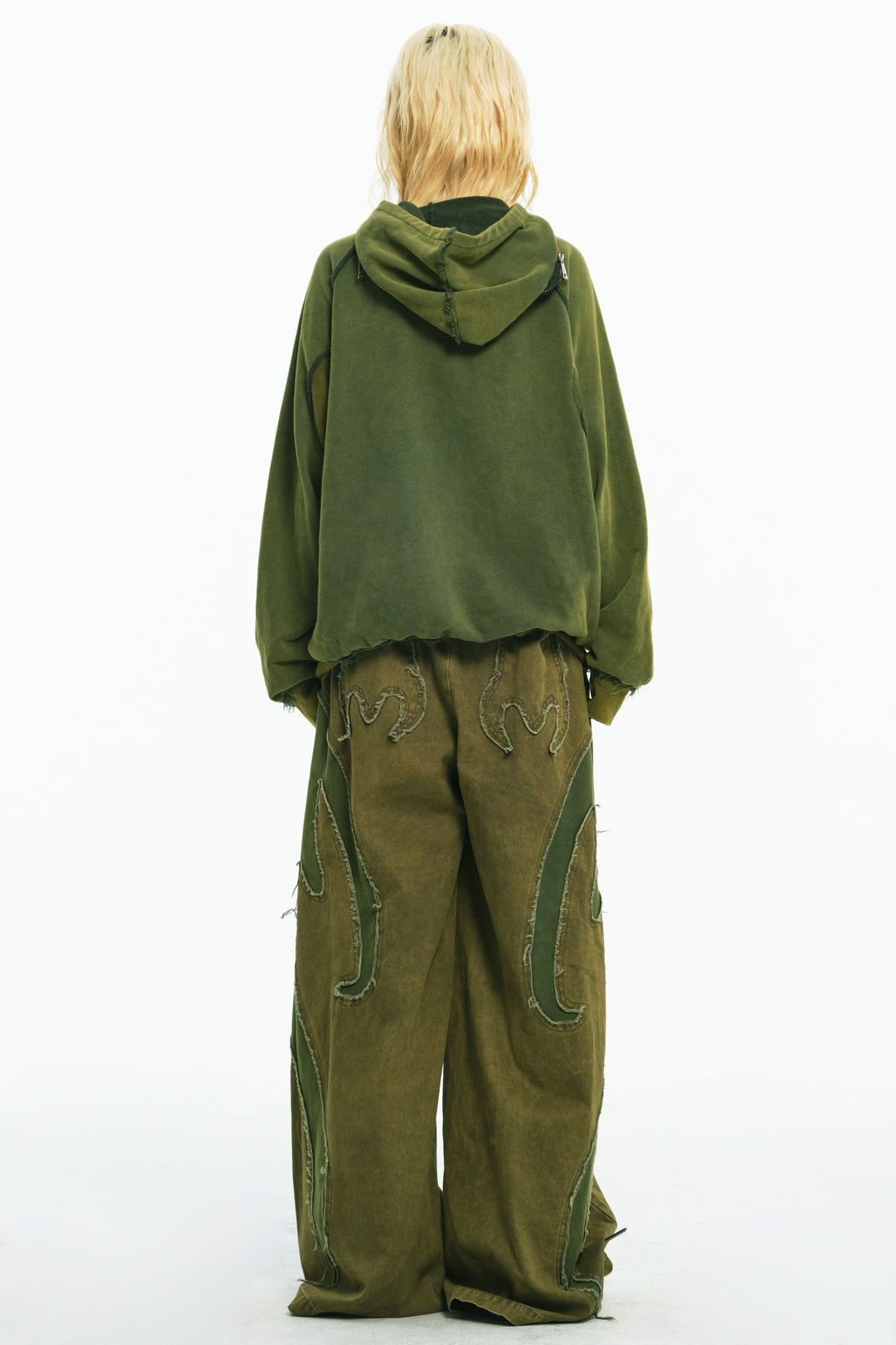 EMBRYO GREEN GUARD distressed armor hoodie — construction detail