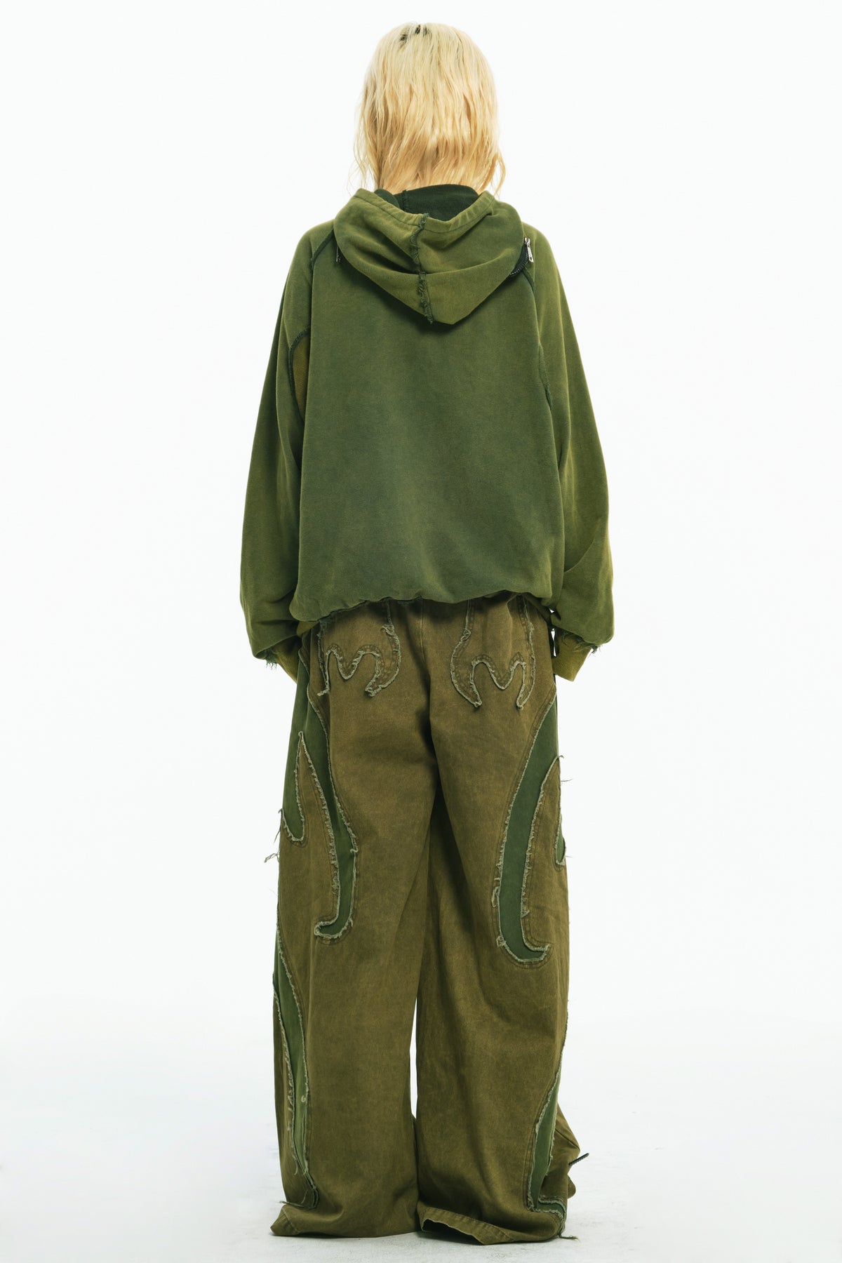 EMBRYO GREEN GUARD distressed armor hoodie — construction detail