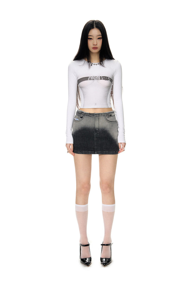 NAWS ECLIPSE gradient denim mini skirt — modeled front styling view