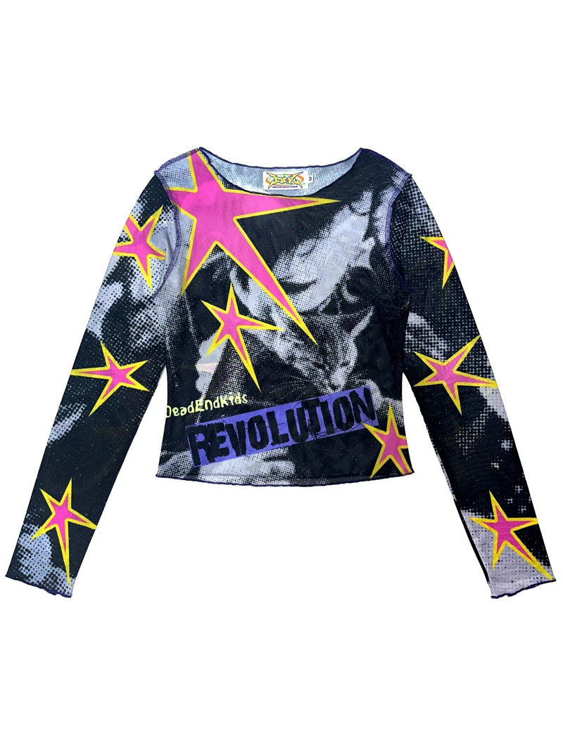 DEADENDKIDS GRAPHIC RIOT fitted mesh top — alternate modeled angle