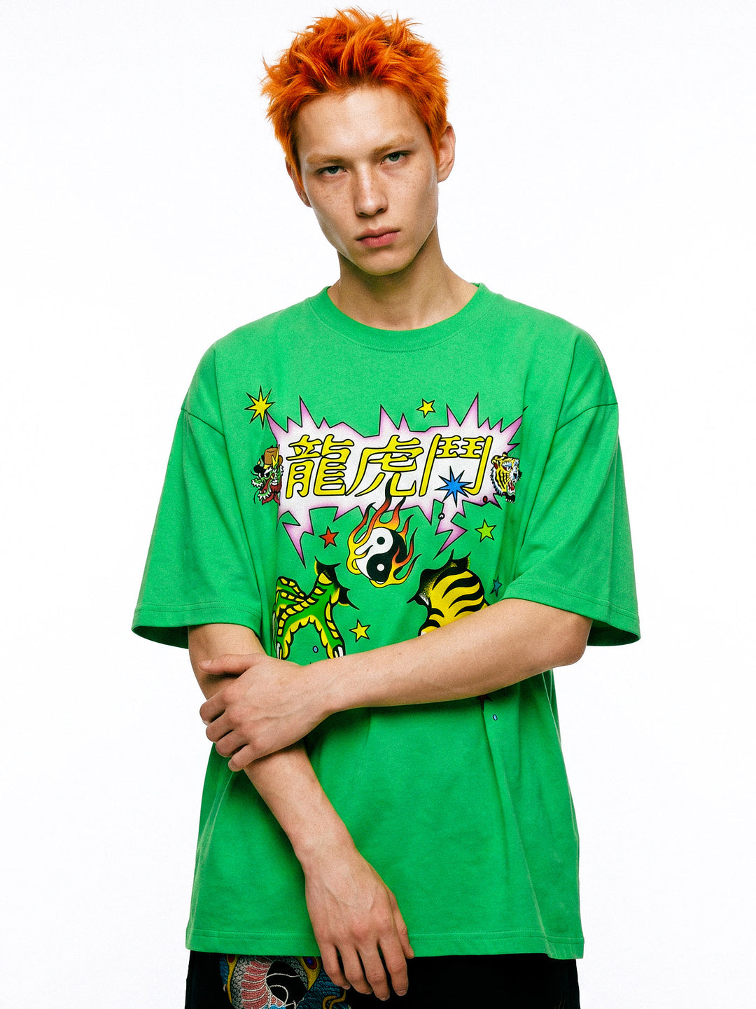 DEADENDKIDS TIGER DRAGON oversized graphic tee — material and print detail