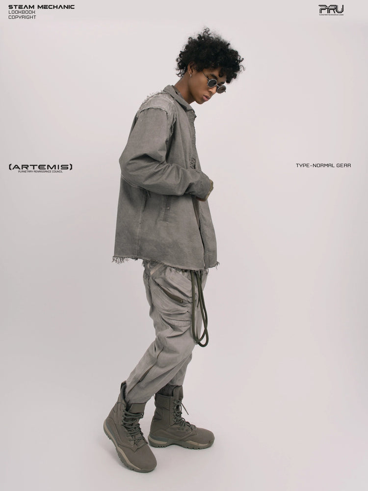 CHAOS ERA moon dust gray raw-edge technical shirt — full-length side modeled view looking down