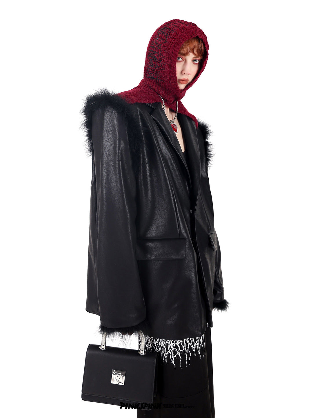 PINKSPINK OSTRICH plume-trim padded-shoulder blazer — full-length modeled styling view