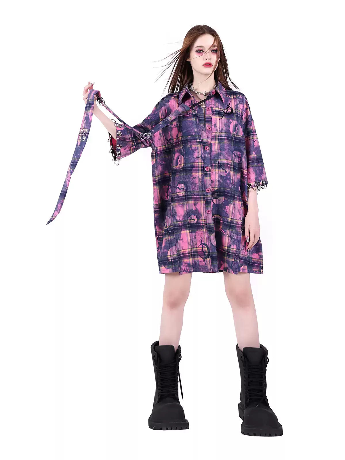 PINKSPINK ELECTRIC MOON wasteland plaid extra-long tie — close modeled view highlighting the construction