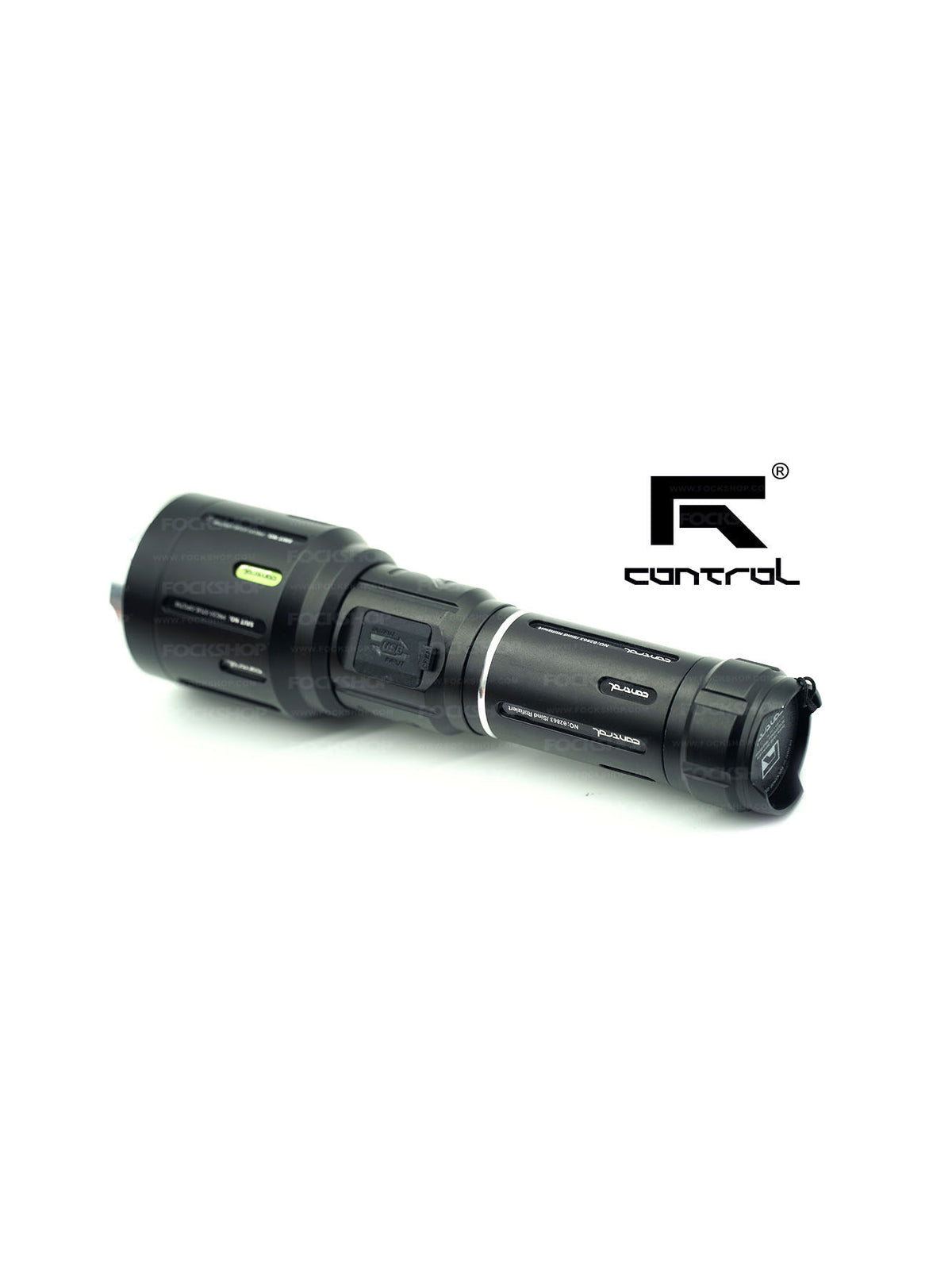 FOCKSHOP SHENGUANG zoom flashlight — complete flashlight on white background showing the charging cover and rear cap