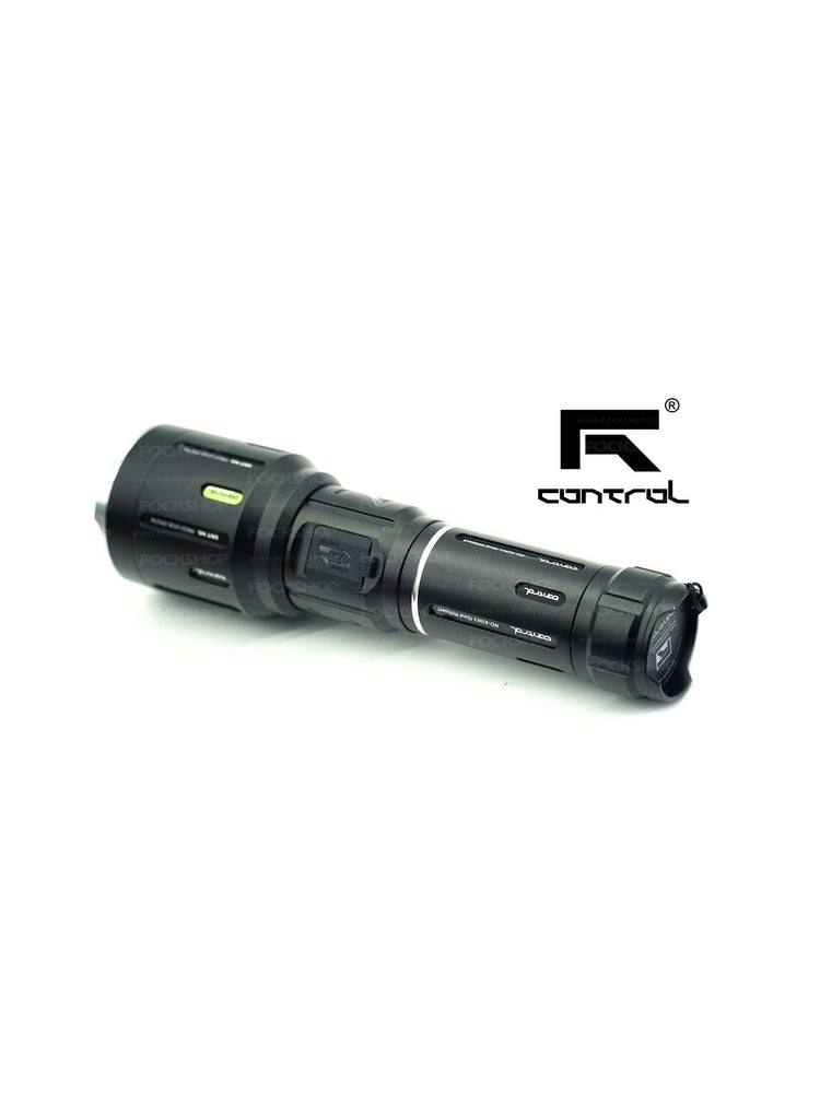 FOCKSHOP SHENGUANG zoom flashlight — complete flashlight on white background showing the charging cover and rear cap