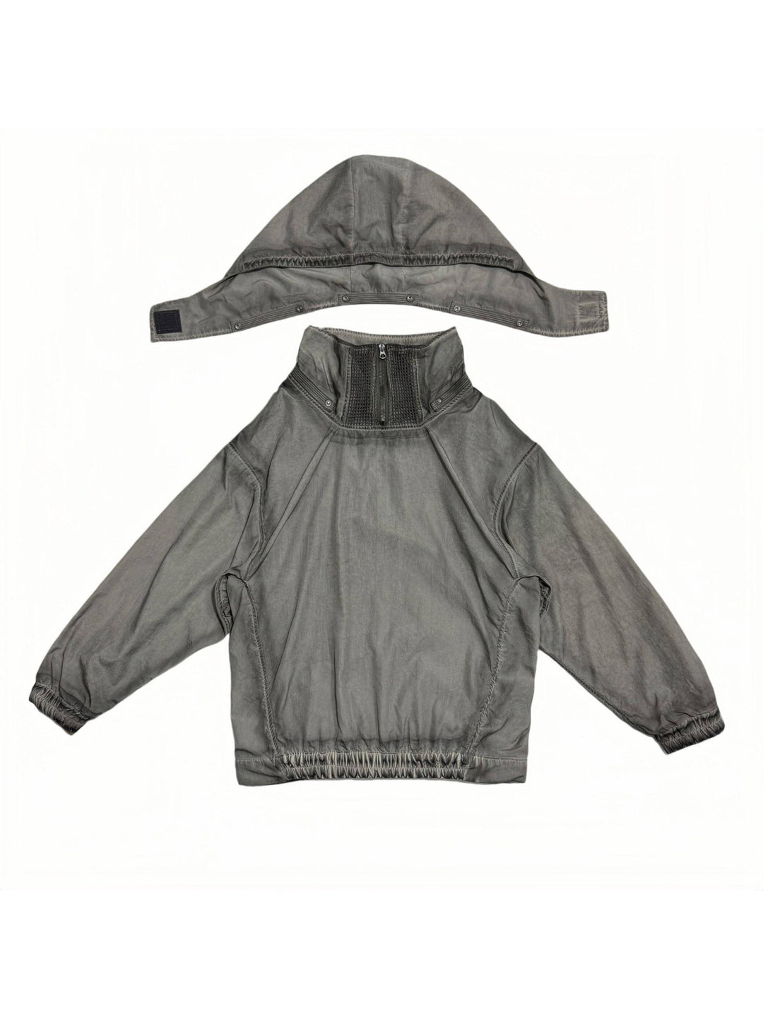 PIONEER meteorite-gray mesh hoodie — front flat-lay with the hood detached, showing the snap fastening and short collar zipper