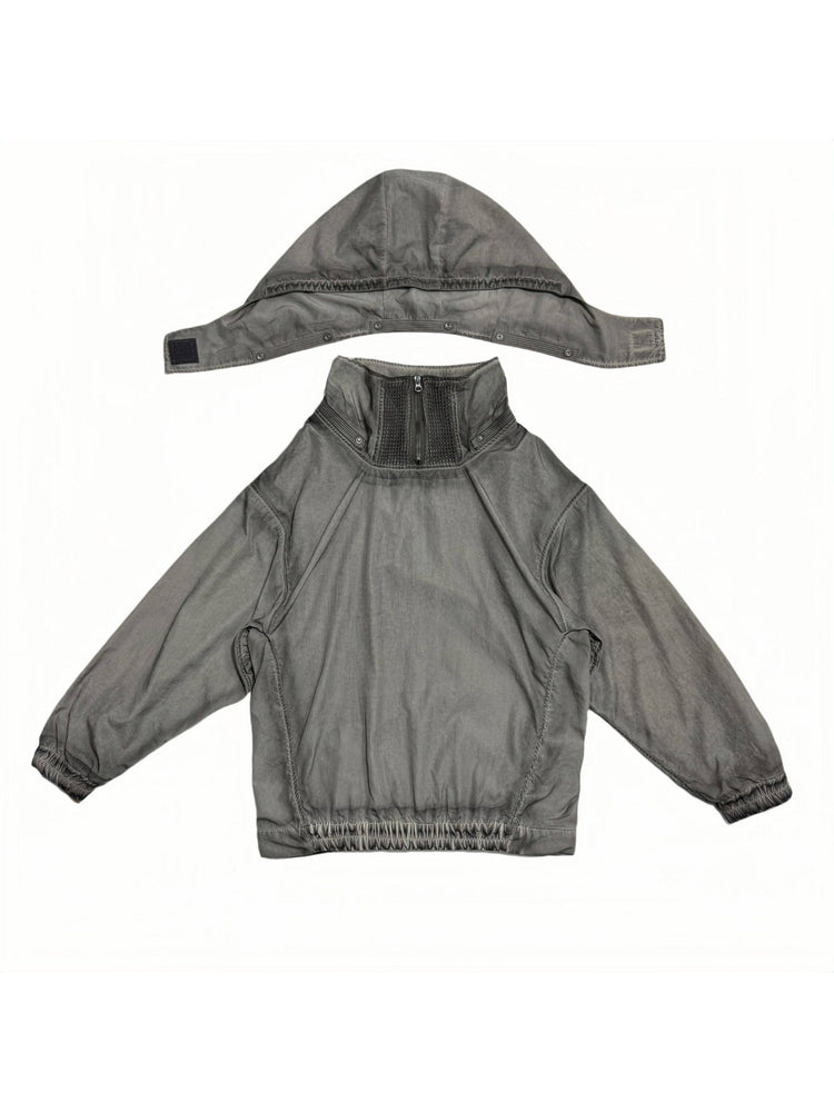PIONEER meteorite-gray mesh hoodie — front flat-lay with the hood detached, showing the snap fastening and short collar zipper